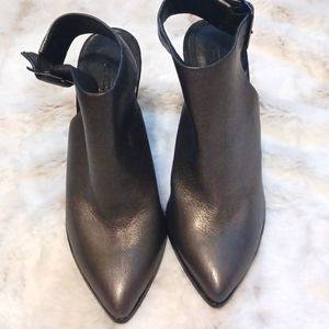 Pour la Victoire ankle strap booties. Dark metallic silver & black 4.5 heel. #21
